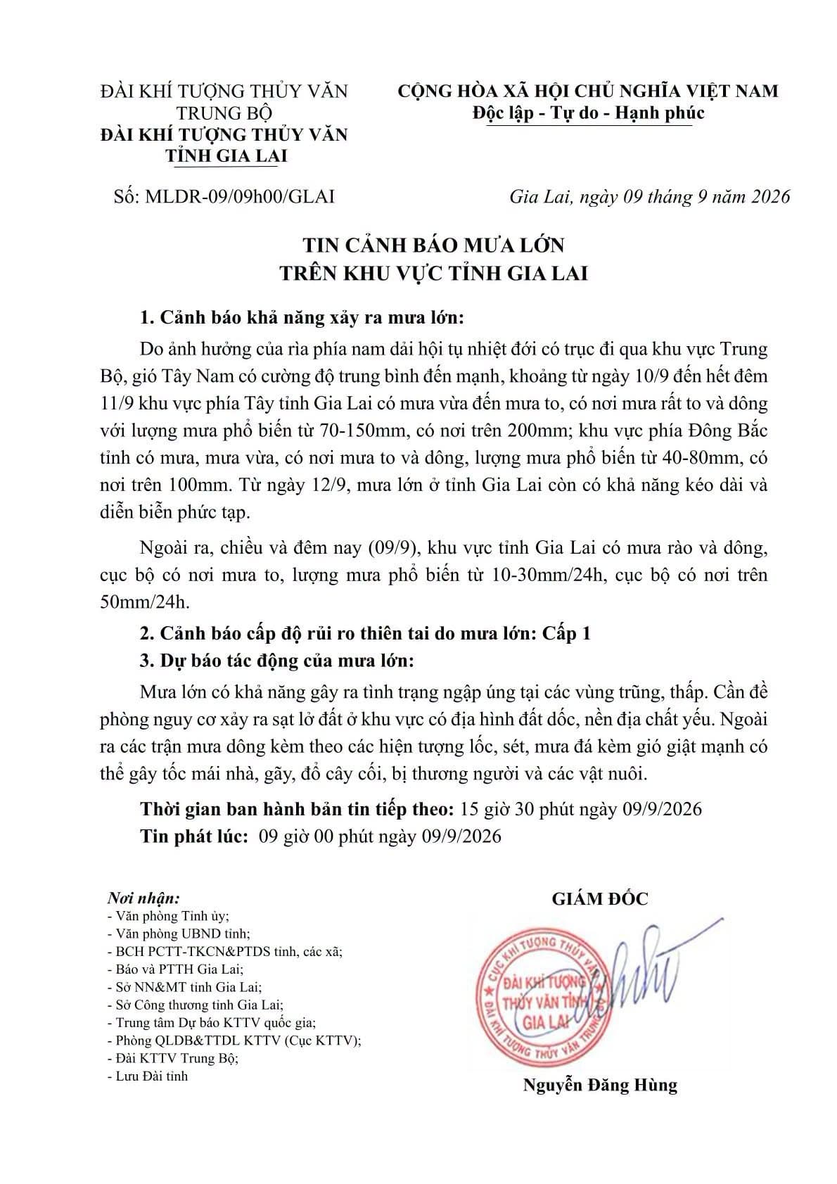 CẢNH BÁO MƯA LỚN TRÊN KHU VỰC TỈNH GIA LAI