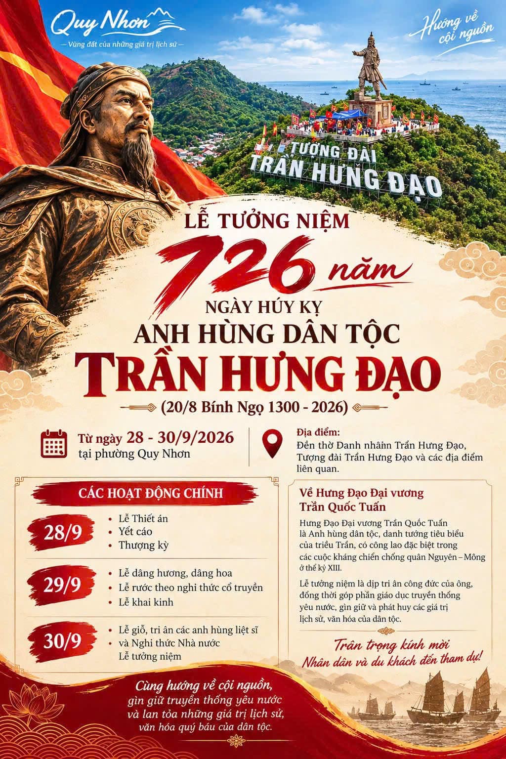 QUY NHƠN HƯỚNG VỀ LỄ TƯỞNG NIỆM 726 NĂM NGÀY HÚY KỴ ANH HÙNG DÂN TỘC TRẦN HƯNG ĐẠO!